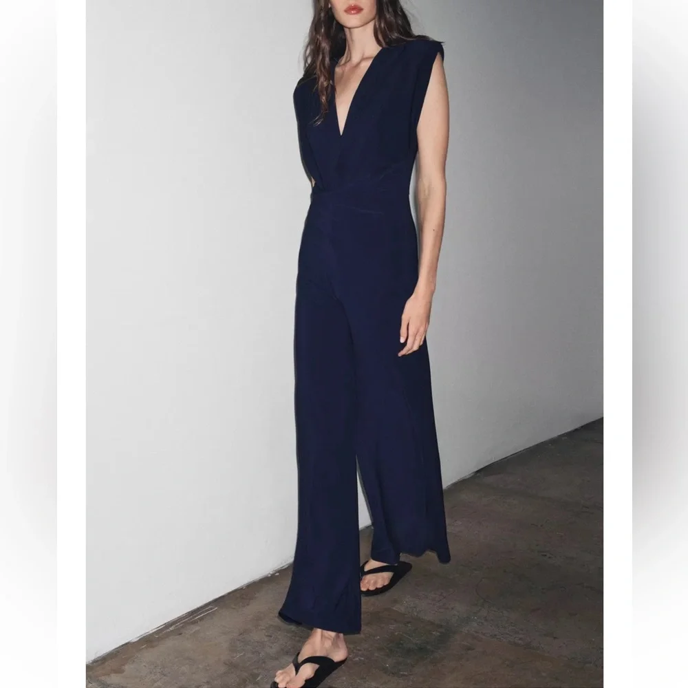 Zara NWT navy blue draped ruched v neck shoulder padded stretchy jumpsuit